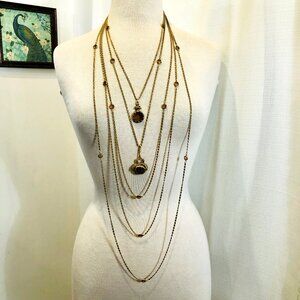 Vintage 1960s Goldette Jewelry Multi Strand Necklace with Pendants in Gold Tone